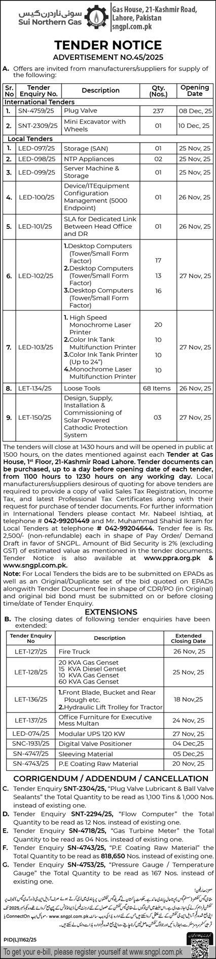 Sui Northern Gas Company Lmited Lahore Tender Notice